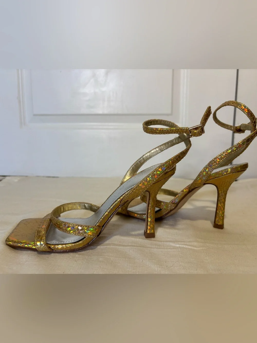 Marc Fisher Gold Holographic Strappy Heels Size 6M Square Toe Sandals